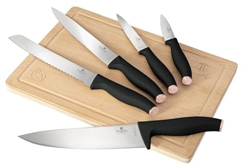 Berlinger Haus Messerset mit Schneidebrett 6 Stück Black Rose Collection | Stilvoll, Hochwertig und Elegant