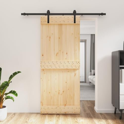 Gecheer Set Porta,Scorrevole,del Granaio,con Kit Binario,Se Hardware,Ferramenta,in Legno di Pino,Nero e Naturale,85x210 cm,Binario 183 cm,Porta del Granaio Sorrevole con Kit Binario