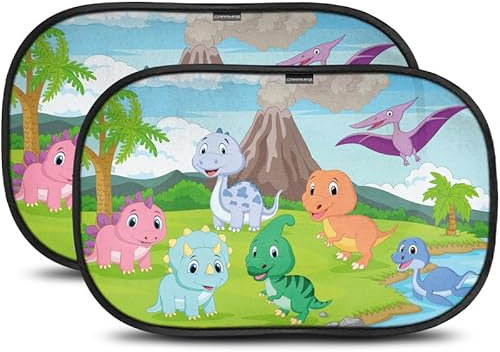 Parasoles para ventana de coche para bebé con protección UV certificada, oscuridad óptima con ventosas, tamaño universal, 51 x 31 cm, diseño de dinosaurio, paquete de 2