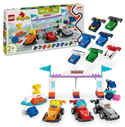 LEGO Duplo Voitures de Course et Pilotes d’Une Écurie de F1 - Jouet dès 2 Ans Développant la Motricité Fine - 10 Voitures, 1 Grue, Feux de Départ & Podium - Cadeau pour Garçon ou Fille 10445