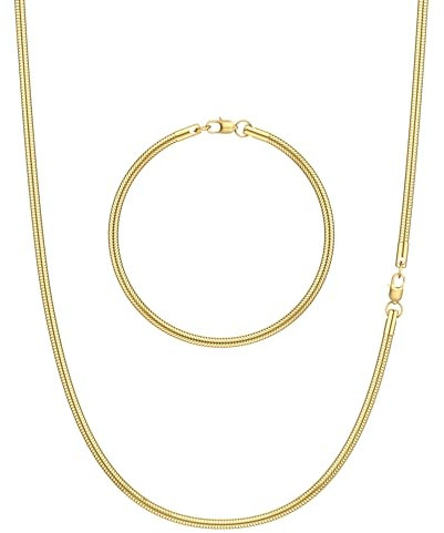 CASSIECA 2Pcs Gold Chains for Men 316L Stainless Steel Mens Snake Chain Mens Link Chain Necklace and Bracelet Set Hip Hop Jewelry Men's Jewellery for Husband Son Boys