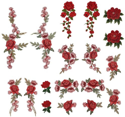 FINGERINSPIRE 9 Paar Rosen Blumen Applikation Zum Aufnähen Bestickte Blumen Flicken 3D Rote Blume Zum Aufnähen Und Aufbügeln Verzierungen Applikation Nähflicken Für Kleidung Jeans Jacken Taschen DIY