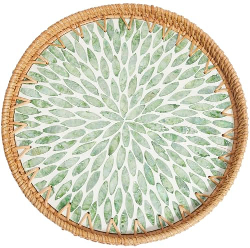 CREATCABIN Bandeja Redonda de Ratán, Bandeja Tejida de Ratán para Servir, Base de Madera, Cesta Tejida A Mano, Cesta de Mimbre Decorativa, Bandeja Organizadora para Decoración de Mesa, Almacenamiento,