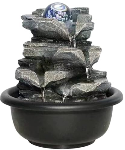 Premium Indoor Waterfall 7x6x6 Indoor Fountain with Rotating Light Up Ball on Top USB 4-Tier Tabletop Fountain Indoor Circulated Decorative Water Fountain for Living Room, Office, Home