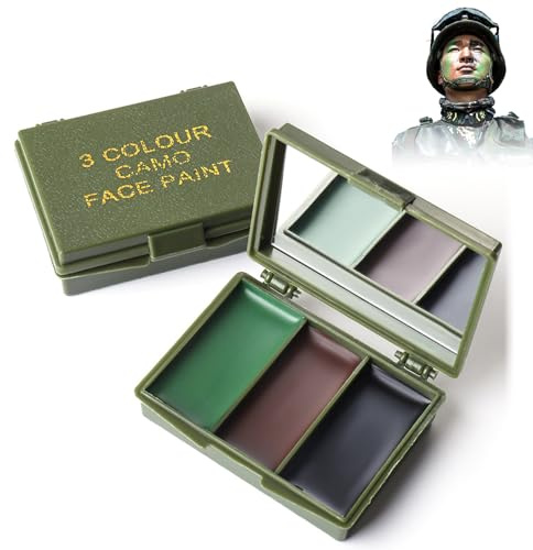 Three Color 3-Farben Tarnschminke Camouflage Mit Spiegel, Tarnschminke Camouflage Creme Camouflage Gesicht Farbe Sticks Kit, Schwarz Oliv Braun Nato Genehmigt Chameleon Tarnung Survival Militär Armee