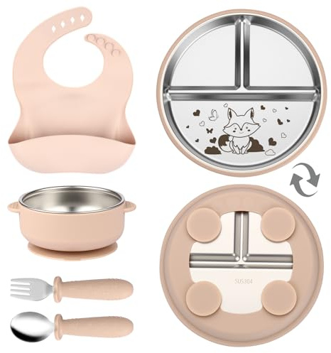 OXYEFEI Edelstahl Teller Baby, Kindergeschirr Set mit Tiermotiven | Baby Teller mit Saugnapf Geburtstagsgeschenke für Babys, Taufgeschenke (Beige, Fuchs)