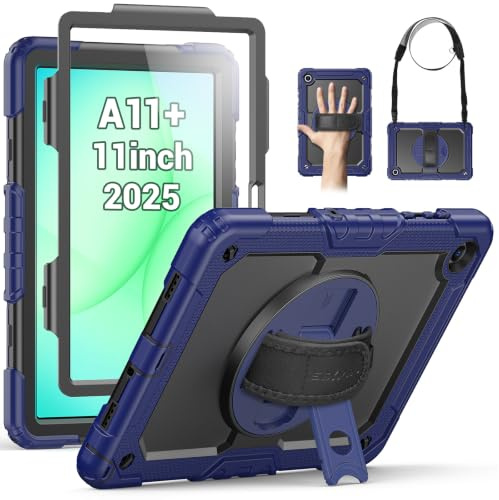 SEYMAC Funda para Samsung Galaxy Tab A11+/A11 Plus 11 2025, Azul Marino | Funda Resistente con Protector de Pantalla, Soporte Giratorio de 360°, Correa de Mano y Hombro, Portalápices, Anticaídas