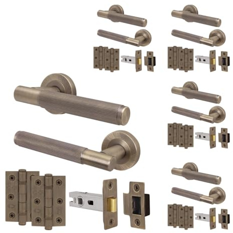 EAI Antique Brass Door Handles with Latches and Hinges, 5 Pack - Oruro | Complete Latch Kit with 5 Pairs of Door Handles, 64mm Latches, 76mm Hinges, Fixings Included