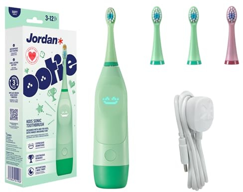 Jordan* ® OOTIE - Cepillo de dientes eléctrico sónico para niños a partir de 3 años, pantalla interactiva, 2 cabezales de cepillo, sensor de presión, temporizador de 2 minutos, recargable, limpieza