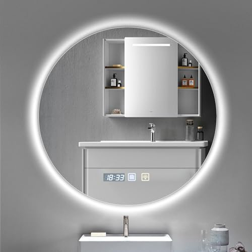 Viugreum Espejo Baño con Luz LED Regulable en 3 Colores, Circular 60 * 60cm Luz de Baño Espejos LED Retroiluminado con Interruptor Táctil, Función Antivaho, Ajuste de Brillo, Espejo de Pared