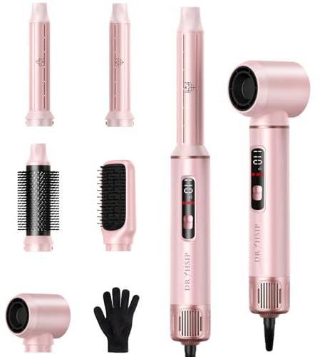 Dryhsip Cepillo Secador 5 en 1 con Pantalla Digital, Multifunción Moldeador Aire Caliente, Tecnología Coanda, Control Inteligente de Calor, Todo Tipo de Cabello(Pearl Pink)