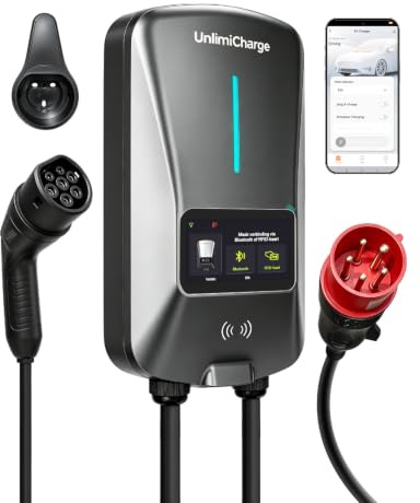 Wallbox 11kw mit App & RFID, (400V,6A-16A,8m) 3-Phasiges Typ 2 EV-Ladegerät | Geeignet für alle Elektrofahrzeuge mit Typ-2-Steckern - IP66, WiFi/Bluetooth, LCD-Bildschirm, [IEC 62196-2]