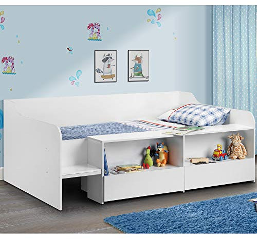 Kids Low Sleeper Bed, Happy Beds Stella White Wood Modern Storage Drawer Cabin Bed - 3ft Single (90 x 190 cm) with Memory Foam Mattress Included
