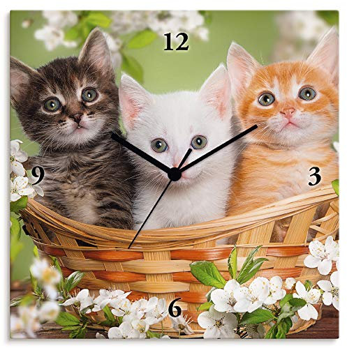 ARTLAND Wanduhr ohne Tickgeräusche Alu Funkuhr 30x30 cm Quadratisch Lautlos Katze Tiere Katzenbaby Blumen Lustig Mädchen T6BM