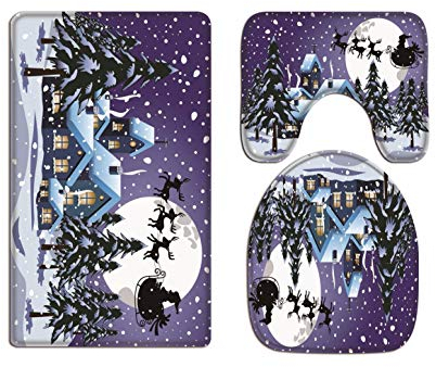 A.Monamour Badezimmer Badematte 3 Teilig Set Santa Claus Auf Schlitten Über Runde Mond Weihnachten Nacht Hausszene Flanell Saugfähig Badteppiche Badvorleger Badgarnitur Wc Vorleger