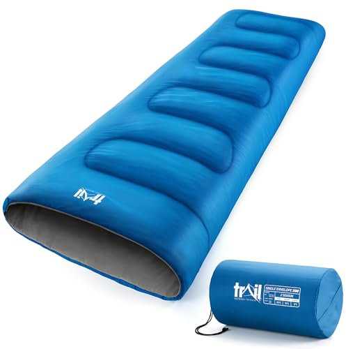 Trail Envelope Sleeping Bag For Adults, Single 2 Season Summer Spring Autumn 200gsm, Outdoor Camping, Lightweight Carry Bag, Storage Pockets, 190cm x 75cm