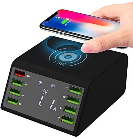 BraveKing 60W Wireless Charger USB-Ladestation für Mehrere Geräte Schnellladung 8-Port Desktop LCD Display Ladestation Hub mit QC 3.0 USB-Anschluss und Typ C-Anschluss für iOS Android Tablet