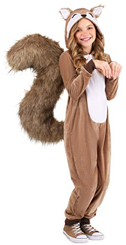 Kids Scampering Squirrel Halloween Costume | Fuzzy Animal Hooded Jumpsuit with Attached Tail | Animal Outfit for Boys & Girls Medium