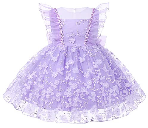 FYMNSI Abito da bambina da principessa, elegante, in pizzo, con fiori, in tulle, per feste di compleanno, per battesimo, Fiori viola, 18-24 Mesi