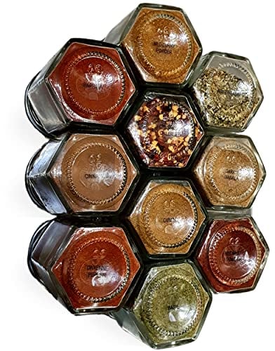 Herb Hive Magnetic Spice Jars - Set of 10 | Magnetic Spice Rack | Spice Organiser | Spices Gift Set | Includes Hexagonal Glass Spice Jars with Lids and Labels 70pcs (Spices Not Included)