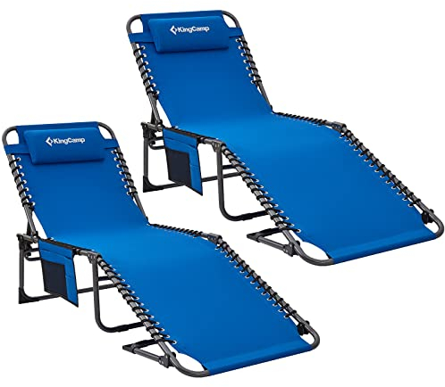 KingCamp Campingliege Sonnenliege Gartenliege Camping-Klappbett mit verstellbarem Rückenteil und Kopfkissen für Garten Urlaub Outdoor 2 Set Blau