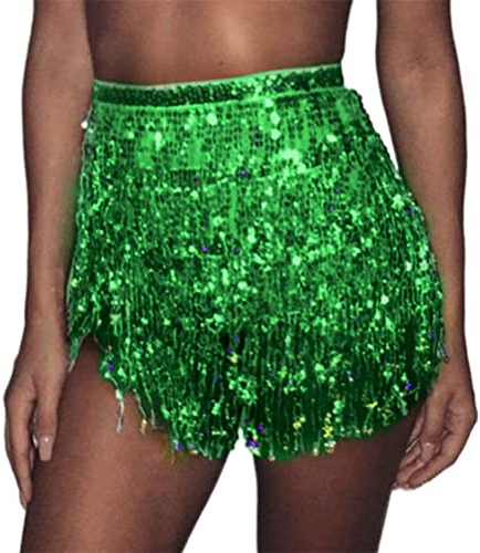 Minetom Damen Bauchtanz Und Latin Dance Glitzer Rock Pailletten Quaste Tanzröcke Fransen Outfits Röcke Bauchtanz Hüfttuch Gürtel Röcke A1 Grün One Size