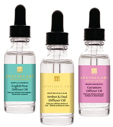 Dr Botanicals Set di oli essenziali Dr Botanicals per diffusori (confezione da 3) - Ambra e Oud, Geranio, Pero inglese - Oli aromaterapici per rilassarsi, alleviare lo stress e migliorare l'umore