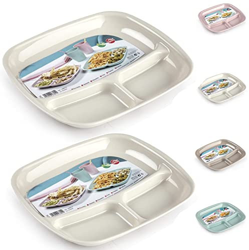 Plastic Classic Serving Bowl Dish Tray for Cereal Curry Pasta Xmas Party Dessert Snack Picnic, Stackable, Reusable Tableware Bowls (2 x 3 Compartment Tray Light Taupe)