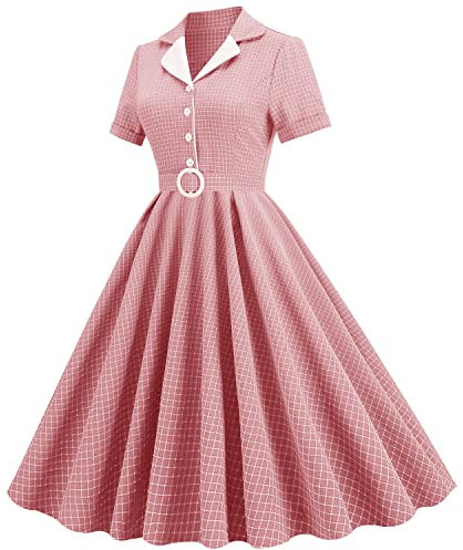 OBEEII Robe Vintage Femme Robe de Cocktail des années 1950 Jupe d'été Rétro Rockabilly Revers Robe de Cocktail en Treillis, Rétro/Rockabilly des Années 50-60 Plaid Rose S
