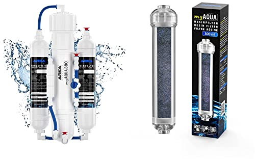 ARKA Aquatics - myAqua380 Umkehrosmoseanlage für 380L/Tag. Wasserfilter und Enthärtungsanlage Filter für bis zu 99% der Schadstoffe, Salz und Bakterien & Resinfilter 300 ml - Reinstwasserfilter