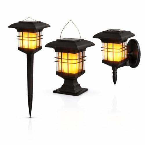 Gardenwize Triple Mount Solar Lantern with Flickering Flame Effect, 3-in-1 Outdoor Solar Garden Lantern for Wall, Ground or Patio Lighting
