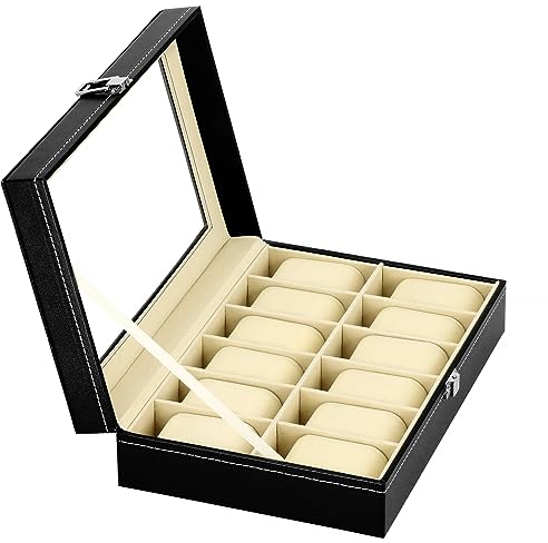 SPRINGOS Uhrenkassette für 12 Uhren Kunstleder-Kassette 30 x 20 x 8 cm Uhrenbox Schmuckschatulle Sichtfenster Armketten