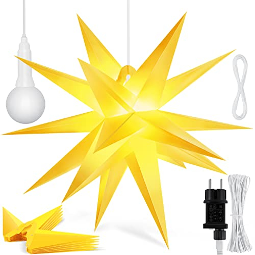 KESSER® 60cm Leuchtstern 3D, LED Weihnachtsstern mit Timer für innen und außen, Adventsstern Beleuchtet hängend Gelb Stern + Warmweiß Licht