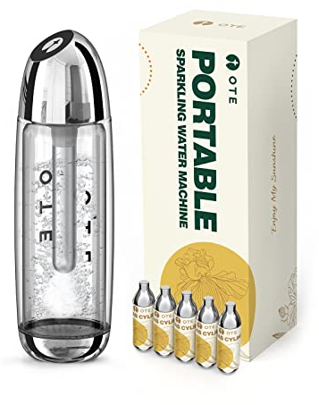 OTE Tragbarer Wassersprudler mit 20 CO2-Zylindern, Sprudelwasser Maschine 450ml Compact Size Soda Maker, Sicherer Persönlicher PET-Seltzer Stream Karbonisator, Kein Strom, BPA-Frei (Silber 2)