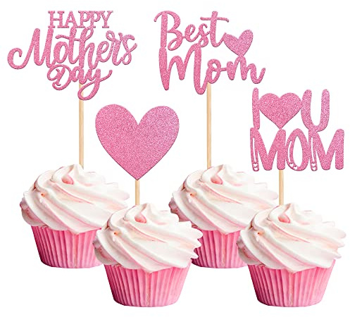 Xsstarmi 24 Pack Happy Mother's Day Cupcake Toppers Glitter Heart Best Mom I Love You Mom Cupcake Picks for Happy Mother's Day Birthday Party Cake Decortions Supplies Pink