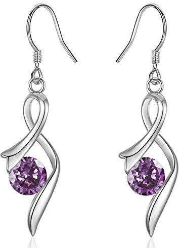 Sterling Silver Drop Earrings for Women, Silver Dangle Earrings with Cubic Zirconia │Linear Forever Love Hypoallergenic Earring for Sensitive Ears│Birthday Anniversary Christmas Jewellery Gift Purple