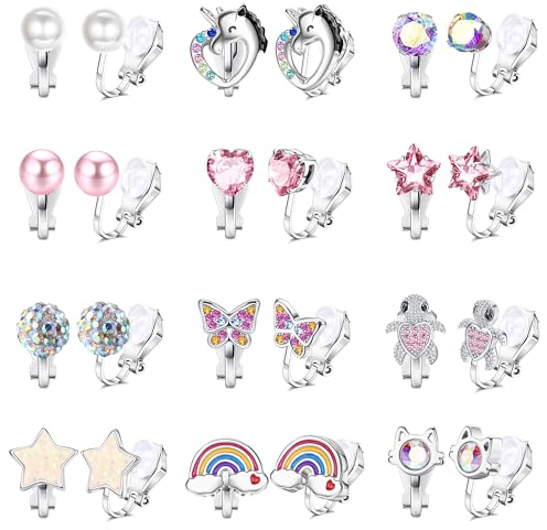 FIOROYAL 12 Paar Ohrclips Mädchen Hypoallergene Clip Ohrringe Mädchen Niedlich Bunte Zirkon klipp ohrringe Kinder Mädchen Schmetterling Perle Ohrringe Ohne Ohrloch Ohrclips Kinder Mädchen