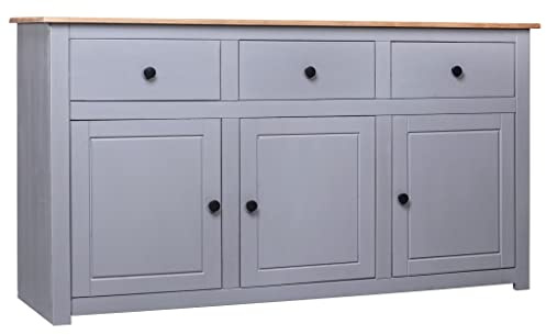 FIRBNUS 135x40x80 cm Beistelltisch mit 3 Schubladen Sideboard Aufbewahrungsschrank für Wohnzimmer Kommode Schrank Anrichte Schubladenschrank Kiefernholz Panama Grau und Natürliche Holzfarbe