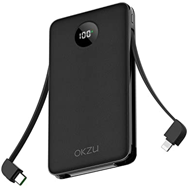 OKZU Power Bank with Built-in Cables, 10000mah 22.5W PD 3.0 QC 4.0 USB C Fast Charging Power Bank, Type C Battery Pack Compatible with iPhone 14 13 12 11 Galaxy Google Pixel and More (Black)