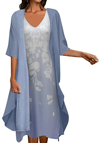 ADMAY Damen Sommerkleider 2023 Mode Freizeit Röcke Frauen Casual Print Kleid V-Ausschnitt Ärmel Kleid Halbe Ärmel Chiffon Schal Cardigan Zwei Set Kleid Hohe Taille Badeanzug Unterteil, hellblau, XXXL