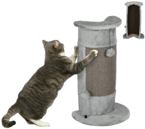 PawHut 58cm Cat Scratching Post for Corner Wall, Cat Scratcher - Grey | Smooth Plush, Sisal Rope, Toy Balls, Stable Base