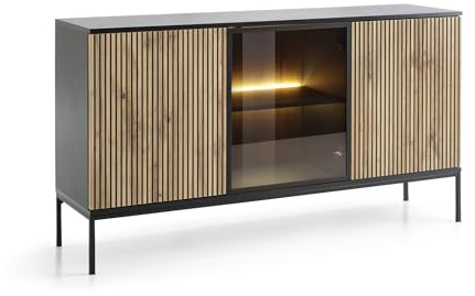 BETTSO - Sentino - Kommode mit Glas, Rillen - 154 cm breit - Schrank - Sideboard Wohnzimmer - Mehrzweckschrank - Lowboard - Fernseher Kommode - Anrichte - Schwarzgrau und Holzoptik Wotan-Eiche