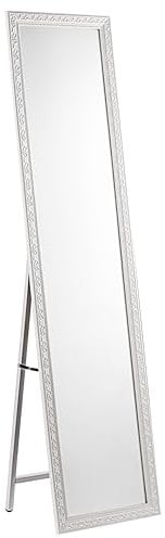 Baroni Home Specchio da Terra con Struttura in Acciaio, Specchio a Figura Intera con Supporto Pieghevole con Cornice Decorata in Legno, Riccioli Bianchi, 40x150 cm