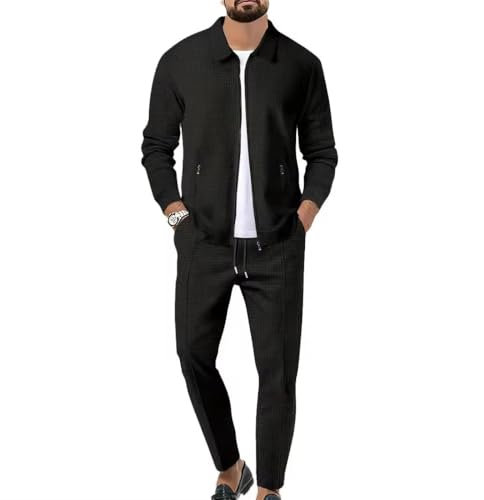 Veriliss Herren 2-Teilige Waffel Soft Hoodies Sweatsuit Sets Male Trainingsanzug-Sets Mit Durchgehendem Reißverschluss, Trendige Jacke Anzug Business Outfits(Schwarz,XXL)