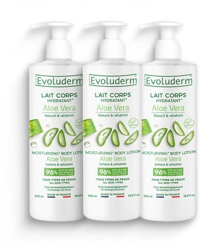 EVOLUDERM – Lait Corps Hydratant Aloe Vera – 500 ml – 96% d’Origine Naturelle – Végan – Fabrication Française – Lot de 3 x 500 ml