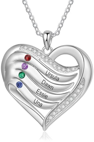 Lam Hub Fong Personalisierte Herz Halskette für Frauen 925 Sterling Silber Damen Geburtsstein Kette Geschenk für Mama, Frau, Freundin Geburtstag, Muttertag, Jahrestag