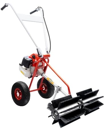 Begoniape Balayeuse à essence 1,7 CV 43 cc - Balayeuse manuelle - Vitesse réglable - Avec roues - Pelle à neige - Pour terrains de gazon artificiel - Nettoyage de la route