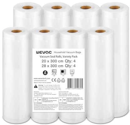 Wevac Lite Profi Vakuumbeutel Lebensmittel 4 Rollen 20x300cm + 4 Rollen 28x300cm Folienrollen, BPA-frei, geeignet für Food Saver, für Vakuum-Aufbewahrung, für Alle Vakuumierer, Sous Vide geeignet