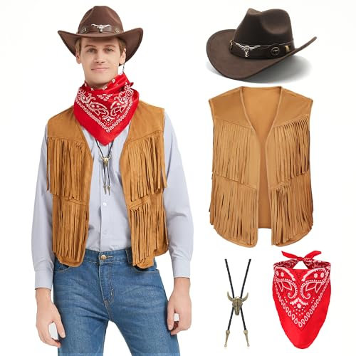 Firecos Cowboy Kostüm Herren Western Cowboy Cosplay Fransenweste mit Hut Halstuch Vintage-Halskette für Karneval Hippie Kostüm Set für Erwachsene (Khaki, M)