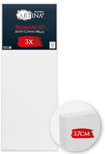 Artina Lot de 3 Premium 3D Canvas Toile Peinture 50x150 cm – FSC® Châssis Bois pour Toiles 100% Coton 380 g/m² sans Acide – Tableau a Peindre Blanche Peinture Stable Cadre Apprêté 3 Fois